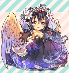 Rule 34 | 1girl, :d, bad id, bad pixiv id, bare shoulders, beige wings, black dress, black gloves, black hair, blue bow, blue flower, blue rose, blush, bow, breasts, cleavage, collarbone, commentary request, diagonal stripes, dress, elbow gloves, feathered wings, flower, frilled dress, frills, full body, gloves, hair between eyes, hair flower, hair ornament, head wreath, long hair, looking at viewer, mashiro miru, medium breasts, open mouth, outstretched arm, persephone (p&amp;d), petals, pointy ears, purple eyes, puzzle &amp; dragons, rose, skirt hold, smile, solo, standing, strapless, strapless dress, striped, striped background, twitter username, very long hair, white flower, wings