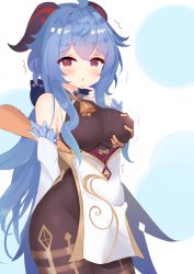 Rule 34 | ^^^, applemint, bell, blue hair, grabbing another&#039;s breast, breasts, detached sleeves, ganyu (genshin impact), genshin impact, gold trim, grabbing, highres, horns, large breasts, long hair, neck bell, no gloves, pointing, pointing at self, purple eyes, sidelocks, tears, very long hair, white sleeves