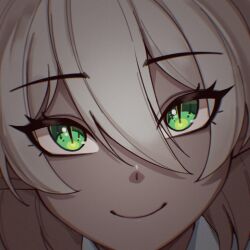Rule 34 | 1girl, close-up, closed mouth, commentary, dark-skinned female, dark skin, eyelashes, green eyes, grey hair, highres, long bangs, looking at viewer, mawaridi, original, slit pupils, smile, solo, symbol-only commentary, yvonne (mawaridi)