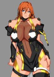 Rule 34 | 1girl, breasts, censored, censored nipples, grey background, highres, kaname buccaneer, large breasts, looking at viewer, macross, macross delta, navel, no bra, orange hair, papepox2, simple background, solo, standing, sweat, yami kaname, yami q ray