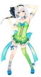 Rule 34 | 1girl, absurdres, alternate costume, arm up, asymmetrical legwear, bad id, bad pixiv id, bare shoulders, blush, bow, bridal garter, cherry blossoms, collarbone, dress, elbow gloves, fishnets, flower, full body, gloves, green eyes, green thighhighs, hair flower, hair ornament, hairband, highres, idol, konpaku youmu, looking at viewer, microphone, navel, puririn, ribbon, shoes, short hair, silver hair, simple background, single thighhigh, smile, solo, standing, star (symbol), strapless, strapless dress, thighhighs, touhou, uneven legwear, white background