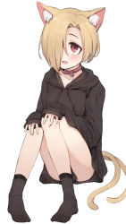 Rule 34 | 1girl, :d, animal ear fluff, animal ears, bell, black hoodie, black socks, blonde hair, cat ears, cat girl, cat tail, collar, collarbone, commentary, drawstring, fang, full body, hair over one eye, hands on own knees, highres, hood, hood down, hoodie, idolmaster, idolmaster cinderella girls, jingle bell, kemonomimi mode, long sleeves, looking at viewer, multiple tails, neck bell, nekomata, no pants, no shoes, one eye covered, open mouth, red collar, red eyes, shirasaka koume, shone, simple background, sleeves past wrists, smile, socks, solo, tail, thighs, two tails, white background