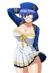 Rule 34 | 1girl, arms behind head, artist request, blue eyes, blue hair, breasts, closed mouth, collarbone, eyepatch, female focus, hat, ikkitousen, large breasts, legs, looking at viewer, medium hair, mole, mole under eye, ryomou shimei, simple background, solo, source request, standing, white background
