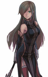 Rule 34 | 00s, 1girl, arms at sides, bare shoulders, black dress, black gloves, breasts, brown hair, cowboy shot, dress, elbow gloves, garter straps, gloves, green eyes, hair over one eye, holding, holding weapon, long hair, looking at viewer, medium breasts, polearm, red legwear, simple background, sleeveless, sleeveless dress, solo, spear, standing, straight hair, tales of (series), tales of the abyss, tear grants, utu (ldnsft), very long hair, weapon, white background