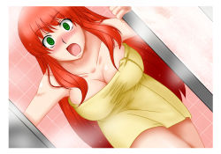 Rule 34 | 1girl, bath, blush, breasts, cleavage, female focus, green eyes, hong meiling, indoors, large breasts, long hair, naked towel, open mouth, red hair, solo, surprised, embodiment of scarlet devil, touhou, towel, tsukinoya, very long hair