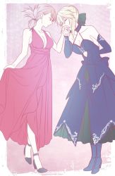 Rule 34 | 2girls, alternate hairstyle, artoria pendragon (fate), artoria pendragon (lancer alter) (fate), bad id, bad twitter id, bare shoulders, black dress, black legwear, breasts, choker, cleavage, collarbone, commentary request, dress, earrings, closed eyes, fate/grand order, fate (series), formal, green ribbon, hair bun, hair ribbon, high heels, highres, jewelry, kiss, kissing hand, looking at another, mary janes, multiple girls, red dress, ribbon, shoes, single hair bun, yoshii udon, yuri