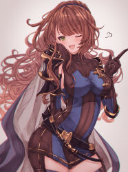Rule 34 | 1girl, ;d, absurdres, arm behind back, armor, armpit cutout, asymmetrical bangs, beatrix (granblue fantasy), belt, blue dress, blue scrunchie, blurry, breasts, brown hair, cape, clothing cutout, contrapposto, depth of field, doyagao, dress, elbow pads, fang, gauntlets, granblue fantasy, highres, index finger raised, large breasts, long hair, ohagino o, one eye closed, open mouth, pauldrons, pointing, pointing up, ponytail, rice tea, scrunchie, shoulder armor, simple background, skin tight, smile, smug, solo, standing, swept bangs, tsurime, turtleneck, very long hair, wavy hair