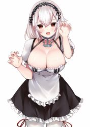 Rule 34 | 1girl, anchor necklace, azur lane, breasts, choker, cleavage, grey hair, hairband, large breasts, looking at viewer, maid, medium hair, necklace, open mouth, red eyes, ry thae, sirius (azur lane), solo, thighhighs, white thighhighs