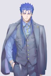 Rule 34 | 1boy, alternate costume, blue hair, collared shirt, couple, cu chulainn (caster) (fate), cu chulainn (caster) (formal dress) (fate), cu chulainn (fate), cu chulainn (fate/stay night), earrings, emya, expressionless, fate/grand order, fate/stay night, fate (series), formal, hand in pocket, jacket, jacket on shoulders, jewelry, long sleeves, male focus, muscular, pectorals, red eyes, shirt, simple background, solo, white background