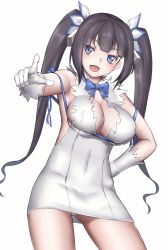 Rule 34 | 10s, 1girl, :d, black hair, blue eyes, breasts, cleavage, dungeon ni deai wo motomeru no wa machigatteiru darou ka, female focus, ginko (nico), gloves, hair ribbon, hand on own hip, hestia (danmachi), large breasts, long hair, md5 mismatch, open mouth, rei no himo, ribbon, simple background, skindentation, smile, solo, twintails, white background, white gloves