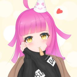 Rule 34 | &gt; &lt;, 1girl, artist name, artist request, birthday, black sweater, blunt bangs, blush, breasts, brown eyes, brown jacket, close-up, female focus, fingers together, food, happy birthday, hat, heart, highres, jacket, jacket on shoulders, jewelry, long sleeves, looking at viewer, love live!, love live! nijigasaki high school idol club, nail, nail polish, necklace, own hands together, parted lips, party hat, pearl necklace, pink hair, pink nails, pocky, pocky kiss, sash, shared food, short hair, smile, solo, sweater, tennoji rina, turtleneck, turtleneck sweater, upper body, white background, yellow eyes