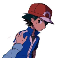 Rule 34 | 2boys, ash ketchum, baseball cap, black hair, black undershirt, blue jacket, blue jumpsuit, clemont (pokemon), creatures (company), djmn c, game freak, hand on another&#039;s shoulder, hat, jacket, jumpsuit, looking at another, multiple boys, nintendo, pokemon, pokemon (anime), pokemon xy (anime), red headwear, simple background, solo focus, spiked hair, white background