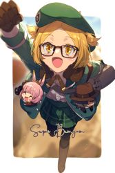 Rule 34 | 1girl, beret, black mittens, blonde hair, blouse, blush, breasts, brown pantyhose, collared shirt, dress shirt, echo (circa), fate/grand order, fate (series), fur collar, glasses, green hat, green jacket, green skirt, hat, jacket, long sleeves, looking at viewer, mittens, open clothes, open jacket, open mouth, pantyhose, parted bangs, paul bunyan (fate), pleated skirt, shirt, short hair, skirt, small breasts, smile, solo, super bunyan (fate), super bunyan (third ascension) (fate), two side up, white shirt, yellow eyes