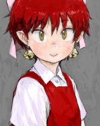 Rule 34 | 1girl, :&gt;, bell, bell earrings, bow, buttons, collar, collared shirt, dress, earrings, gegege no kitarou, grey background, hair bow, hair ornament, jewelry, long sleeves, looking at viewer, nekomusume, nostrils, pinafore dress, pointy ears, ponsuke (pon00000), portrait, red hair, sanpaku, shirt, short hair, simple background, sleeveless dress, slit pupils, smile, solo, tsurime, yellow eyes