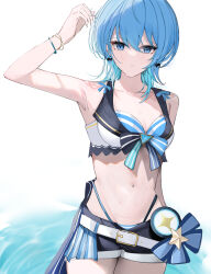 Rule 34 | 1girl, absurdres, arm up, belt, bikini, bikini shorts, blue bikini, blue eyes, blue hair, bow, bow earrings, bracelet, breasts, earrings, highres, hololive, hololive summer 2023 swimsuit, hoshimachi suisei, jewelry, looking at viewer, navel, official alternate hair length, official alternate hairstyle, onigirimeshitya, panty straps, parted lips, short hair, short shorts, shorts, small breasts, solo, star (symbol), star in eye, stomach, swimsuit, symbol in eye, virtual youtuber, white belt