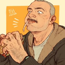 Rule 34 | 1boy, aaron gruber (o natsuo88), bara, beard stubble, eating, facial hair, facial scar, food, food on face, grey hair, hand hair, highres, holding, holding food, jacket, male focus, mature male, mustache, notice lines, o natsuo88, old, old man, original, receding hairline, scar, scar on cheek, scar on face, shirt, short hair, simple background, solo, stubble, thick eyebrows, thick mustache, upper body, wrinkled skin, yellow background