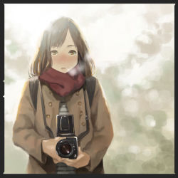 Rule 34 | 1girl, absurdres, backpack, bag, black border, blush, border, breath, brown eyes, brown hair, buttons, camera, coat, double-breasted, hasselblad, highres, holding, holding camera, long hair, long sleeves, looking at viewer, open mouth, original, parted lips, red scarf, scarf, solo, strap, upper body, winter clothes, yomu (sgt epper)