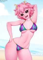 Rule 34 | 10s, 1girl, :d, arm behind head, arm up, armpits, ashido mina, bare arms, bare shoulders, beach, bikini, black sclera, boku no hero academia, breasts, breasts apart, collarbone, colored sclera, colored skin, cowboy shot, day, female focus, halterneck, halterneck, hand on own hip, head tilt, hip focus, horns, looking at viewer, medium breasts, medium hair, messy hair, navel, neocoill, ocean, open mouth, outdoors, pink hair, pink skin, sand, smile, solo, stomach, strap gap, swimsuit, upper body, water, watermark, web address, yellow eyes