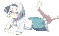 Rule 34 | 1girl, barefoot, black hairband, black ribbon, blush, buttons, closed mouth, collared shirt, feet, foot out of frame, frilled skirt, frills, garasuno, green eyes, green skirt, grey hair, hair ribbon, hairband, highres, konpaku youmu, legs, looking at viewer, lying, on stomach, ribbon, shirt, short hair, short sleeves, simple background, skirt, soles, solo, toes, touhou, white background, white shirt