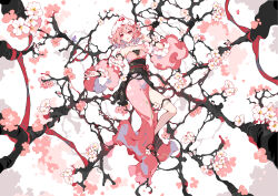 Rule 34 | 1girl, adapted costume, bare shoulders, blush, cherry blossoms, commentary, detached sleeves, frilled sleeves, frills, hair between eyes, hat, highres, ideolo, japanese clothes, kimono, mob cap, obi, open mouth, pink hair, pink kimono, pink sleeves, red eyes, saigyouji yuyuko, sash, short hair, signature, solo, symbol-only commentary, touhou, triangular headpiece
