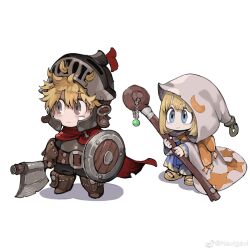 Rule 34 | 1boy, 1girl, absurdres, armor, axe, belt, black pants, blonde hair, blue dress, blue eyes, boots, breastplate, brown belt, brown eyes, brown footwear, brown gloves, cape, chain, chibi, cloak, closed mouth, commentary, crescent, crescent print, dress, english commentary, full body, gem, gloves, green gemstone, grey cloak, helmet, highres, holding, holding axe, holding shield, holding staff, hood, hood up, hooded cloak, jun (navigavi), looking afar, original, pants, print robe, red cape, sandals, scarf, shield, simple background, staff, star (symbol), star print, visor (armor), visor lift, weibo watermark, white background, yellow footwear, yellow scarf