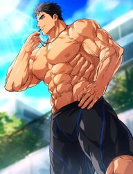 Rule 34 | 1boy, abs, alternate costume, bara, black male swimwear, coach, domo (domo kizusuki), feet out of frame, from below, highres, jammers, large pectorals, male focus, male swimwear, muscular, muscular male, nipples, obliques, original, pectorals, school, short hair, sideburns, smile, solo, stomach, sunlight, sweat, thick eyebrows, thick thighs, thighs, topless male, veins, veiny arms, whistling