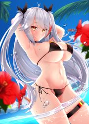 Rule 34 | 1girl, absurdres, antenna hair, armpits, azur lane, balut (7676i), bare shoulders, bikini, black bikini, blush, breasts, cleavage, collarbone, commentary, covered erect nipples, cowboy shot, flag print, german flag bikini, groin, hair between eyes, highres, large breasts, long hair, looking at viewer, midriff, mole, mole on breast, navel, outdoors, partially submerged, partially underwater shot, prinz eugen (azur lane), prinz eugen (unfading smile) (azur lane), side-tie bikini bottom, sidelocks, silver hair, skindentation, solo, standing, swept bangs, swimsuit, thigh strap, two side up, underwater, very long hair, water drop, yellow eyes