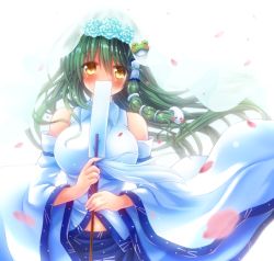 Rule 34 | 1girl, blue skirt, blush, breasts, cherry blossoms, commentary request, covering own mouth, detached sleeves, female focus, floating hair, flower, frog hair ornament, gohei, green hair, hair between eyes, hair flower, hair ornament, holding, kochiya sanae, large breasts, long hair, looking at viewer, navel, osashin (osada), shirt, skirt, sleeveless, sleeveless shirt, snake hair ornament, solo, touhou, veil, white shirt, white sleeves, yellow eyes