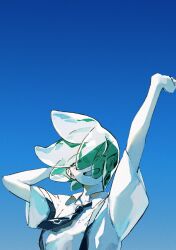 Rule 34 | 1other, androgynous, arm behind head, arm up, blue sky, blush, closed eyes, collared shirt, crystal hair, eyes visible through hair, gem uniform (houseki no kuni), glowing, glowing hair, green eyes, green hair, hair over one eye, hand up, highres, houseki no kuni, necktie, open mouth, other focus, phosphophyllite, shiro (kuro guu), shirt, short hair, short sleeves, simple background, sky, solo, suspenders, white shirt
