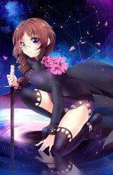 Rule 34 | 1girl, :o, black cape, black thighhighs, brown hair, cape, constellation, flower, full body, gaia online, glasses, heart, highres, jewelry, on one knee, parted lips, petals, pink eyes, purple skirt, reflection, ring, short hair, side slit, skirt, sky, solo, squchan, star (sky), starry sky, sword, thighhighs, weapon, zettai ryouiki