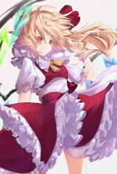 Rule 34 | 1girl, absurdres, ascot, blonde hair, calpis118, cowboy shot, crystal wings, dress, flandre scarlet, frills, hair flowing over, hair ribbon, highres, medium hair, puffy short sleeves, puffy sleeves, red eyes, red ribbon, ribbon, short sleeves, side ponytail, simple background, smile, solo, touhou, white background, yellow ascot