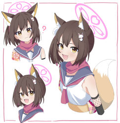 Rule 34 | 1girl, :d, ?, animal ear fluff, animal ears, blue archive, blue sailor collar, blush, brown hair, closed mouth, extra ears, fang, fox ears, fox girl, fox hair ornament, fox tail, halo, head tilt, highres, izuna (blue archive), karon (karon cha), looking at viewer, multiple views, neckerchief, open mouth, orange tail, pink neckerchief, pink scarf, sailor collar, scarf, short hair, simple background, skin fang, sleeveless, smile, tail, white background, yellow eyes