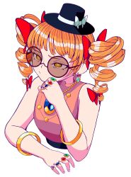 Rule 34 | 1girl, absurdres, black hat, bow, bracelet, closed mouth, commentary, drill hair, earrings, english commentary, hat, hat bow, highres, jewelry, mini hat, mini top hat, orange eyes, orange hair, pendant, ring, round eyewear, simple background, solo, sunglasses, top hat, touhou, twin drills, upper body, white background, ydroponb, yorigami jo&#039;on
