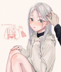 Rule 34 | + +, 1boy, 1girl, adjusting another&#039;s hair, blush, chibi, commentary, expressionless, feet out of frame, green eyes, grey hair, grey hoodie, hair behind ear, hand on own chest, hood, hoodie, knees up, long hair, looking at viewer, nakamura kuzuyu, original, simple background, sitting, solo focus, symbol-only commentary, upper body, white background