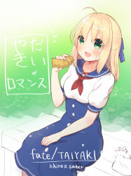 Rule 34 | 1girl, ahoge, aizawa85, alternate costume, alternate hairstyle, artoria pendragon (all), artoria pendragon (fate), bench, blonde hair, blue dress, blue ribbon, blush, breasts, commentary request, dress, fate/stay night, fate (series), food, green eyes, hair ribbon, holding, holding food, looking at viewer, medium breasts, open mouth, ribbon, saber (fate), sitting, solo, taiyaki, wagashi, white dress