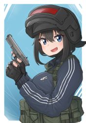 Rule 34 | 1girl, :d, absurdres, black gloves, black hair, black headwear, blue background, blue eyes, blue jacket, breasts, buckle, commentary, english commentary, fingerless gloves, gloves, gun, hair between eyes, handgun, hands up, helmet, highres, holding, holding gun, holding weapon, jacket, long sleeves, looking at viewer, medium breasts, open mouth, original, smile, snap-fit buckle, solo, srtdrawart, striped clothes, striped jacket, tokarev tt-33, track jacket, two-tone background, upper body, v-shaped eyebrows, weapon, white background