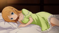 Rule 34 | 1girl, bed, bed sheet, bedroom, blue eyes, brown hair, closed mouth, collarbone, dress, game cg, green dress, hair between eyes, highres, indoors, long hair, looking at viewer, lying, official art, on bed, on side, pillow, selka zuberg, short dress, short sleeves, smile, solo, straight hair, striped clothes, striped dress, sword art online, vertical-striped clothes, vertical-striped dress