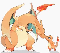 Rule 34 | ^ ^, akadako, animal focus, arm up, blue eyes, bright pupils, charizard, charmander, claws, closed eyes, closed mouth, creatures (company), dragon, closed eyes, fang, fire, flame-tipped tail, full body, game freak, gen 1 pokemon, grey background, happy, highres, leaning forward, looking at another, looking up, nintendo, no humans, noses touching, orange theme, pokemon, pokemon (creature), simple background, smile, standing, white pupils, wings