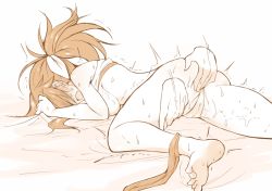 Rule 34 | 1girl, ass, barefoot, cameltoe, disembodied hand, feet, female focus, groping, hair over eyes, imura (shiro maru), lying, on bed, on stomach, open mouth, original, panties, ponytail, shiro maru, soles, sweat, toes, underwear