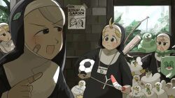 Rule 34 | 4girls, ball, bandaid, bandaid on face, bandaid on hand, bird, blonde hair, blue eyes, boomerang, brown eyes, brown hair, chicken, clumsy nun (diva), commentary, diva (hyxpk), duck, english commentary, froggy nun (diva), grey hair, habit, highres, leaf, leaf nun (diva), little nuns (diva), multiple girls, nun, poster (object), soccer ball, spicy nun (diva), traditional nun, triangle mouth, yellow eyes