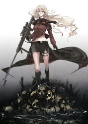 Rule 34 | 1girl, anti-materiel rifle, bipod, blonde hair, bone, boots, breasts, gloves, gun, highres, impossible clothes, impossible shirt, midriff, miniskirt, navel, necktie, nicole pmonachi, pixiv army, rifle, scope, shirt, skeleton, skirt, skull, sniper rifle, socks, solo, thigh strap, water, weapon, wind, wind lift