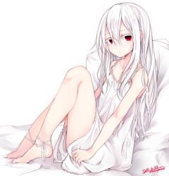 Rule 34 | 1girl, ankle ribbon, bare legs, bare shoulders, barefoot, colored eyelashes, dated, dress, full body, leg ribbon, long hair, looking at viewer, md5 mismatch, original, otokuyou, red eyes, resized, resolution mismatch, ribbon, shiroi ko (haegiwa), shiroi ko (otokuyou), simple background, sitting, solo, source larger, stitches, white hair