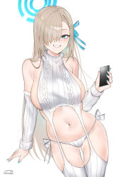 Rule 34 | 1girl, absurdres, alternate costume, aqua ribbon, asuna (blue archive), bare shoulders, blue archive, blue eyes, breasts, commentary request, cowboy shot, detached sleeves, grey hair, grin, hair ribbon, helandyck, highres, holding, large breasts, long hair, long sleeves, looking at viewer, meme attire, midriff, navel, panties, ribbon, side-tie panties, sideboob, simple background, sleeveless, sleeveless turtleneck, smile, solo, standing, stomach, thighhighs, thighs, turtleneck, underwear, very long hair, virgin destroyer sweater, white background, white panties, white thighhighs