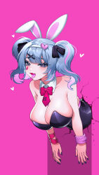 Rule 34 | 1girl, :d, animal ears, bare shoulders, blue eyes, blue hair, blue nails, blush, breasts, cleavage, da3iann, detached collar, fang, hair ornament, hairband, hairclip, hatsune miku, heart, highres, large breasts, leotard, looking at viewer, miku day, multicolored hair, necktie, open mouth, pink background, pink hair, playboy bunny, pure pure (rabbit hole), rabbit ears, rabbit hole (vocaloid), ribbon, simple background, skin fang, smile, solo, streaked hair, teardrop facial mark, through wall, tongue, tongue out, twintails, two-tone hair, vocaloid