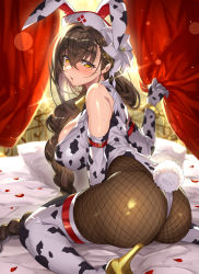 Rule 34 | 1girl, animal ears, animal print, ass, back, bare shoulders, bed, bed sheet, blush, bracelet, braid, breasts, brown hair, commentary request, cow print, curtains, fake animal ears, fishnet thighhighs, fishnets, flower, from behind, hair flower, hair ornament, high heels, highres, jewelry, kanpani girls, large breasts, leotard, long hair, looking at viewer, looking back, mole, mole under eye, pantyhose, parted lips, petals, pillow, playboy bunny, rabbit ears, rabbit tail, red curtains, senri gan, shiny clothes, shiny skin, shirayuri sakura, single braid, sleeveless, solo, sweat, sweatdrop, tail, thighhighs, very long hair, yellow eyes