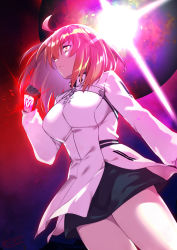 Rule 34 | 1girl, abe inori, ahoge, black skirt, breasts, chaldea uniform, closed mouth, command spell, commentary request, cowboy shot, dutch angle, fate/grand order, fate (series), fujimaru ritsuka (female), fujimaru ritsuka (female) (decisive battle chaldea uniform), glowing, hand up, jacket, large breasts, lens flare, long sleeves, medium hair, miniskirt, moon, official alternate costume, one side up, orange eyes, orange hair, pink theme, red theme, short hair, signature, skirt, solo, sparkle, standing, thighs, white jacket