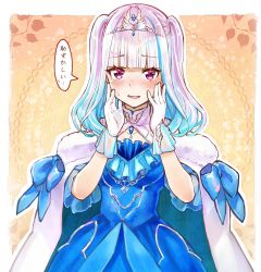 Rule 34 | 1girl, blue bow, blue dress, blue hair, blue ribbon, blunt bangs, blush, bow, capelet, commentary request, dress, fur-trimmed capelet, fur trim, gloves, hands on own face, highres, jewelry, lize helesta, lize helesta (3rd costume), looking at viewer, medium hair, multicolored hair, necklace, nijisanji, open mouth, ribbon, ribbon-trimmed clothes, ribbon trim, sakino shingetsu, short sleeves, solo, sweatdrop, tiara, translation request, twintails, two-tone hair, virtual youtuber, white gloves, white hair