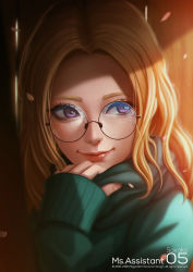 Rule 34 | 1girl, artist name, copyright notice, freckles, glasses, indoors, lips, looking to the side, magion02, petals, purple eyes, sleeves past wrists, smile, solo, sweater