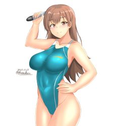 Rule 34 | 1girl, bare shoulders, blush, brown eyes, brown hair, competition swimsuit, cowboy shot, dated, highres, holding, holding torpedo, kantai collection, long hair, looking at viewer, montemasa, one-hour drawing challenge, one-piece swimsuit, ooi (kancolle), simple background, smile, solo, swimsuit, torpedo, twitter username, white background