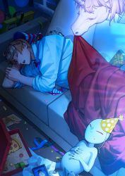 Rule 34 | 1boy, ahoge, alien, america (hetalia), axis powers hetalia, blanket, blonde hair, collared shirt, confetti, couch, closed eyes, eyewear on head, food, food on face, gift, hat, indoors, lego, messy room, moonlight, mouth hold, necktie, night, open mouth, party hat, pizza, pizza box, pizza slice, shirt, sleeping, streamers, striped necktie, to@st, tony (hetalia), covering with blanket, unicorn